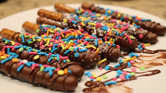 Chocolatecovered pretzel sticks with colorful sprinkles arranged on a white plate with chocolate drizzle