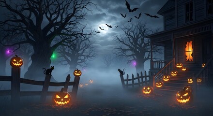 Spooky Halloween Night Scene with Fog and Glowing Lights