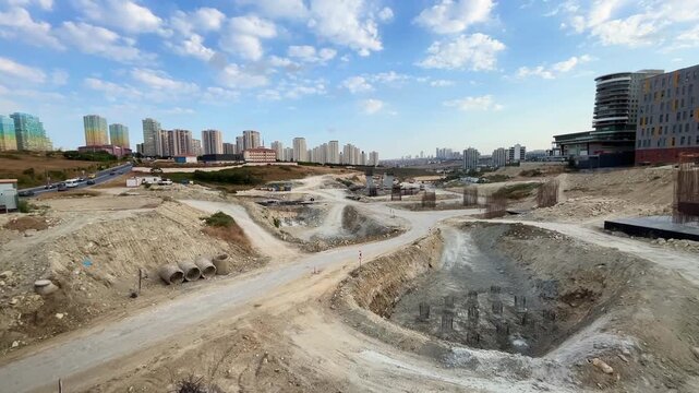 Built foundation on construction area in Istanbul, Turkey. (4K video)
