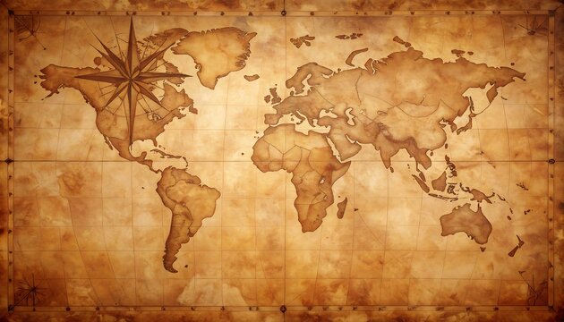 Antique World Map with Compass Rose.