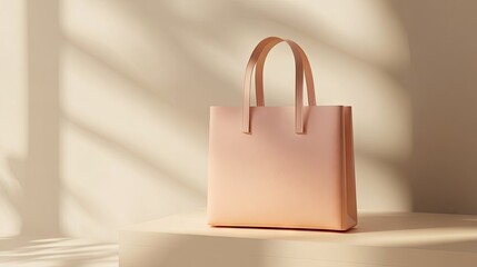 A pale pink tote bag sits on a light beige cube, bathed in soft, natural light streaming from a window, casting gentle shadows on a similarly toned backdrop.  