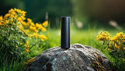 Obraz premium Sleek black portable charger sits on rock in field of yellow wildflowers