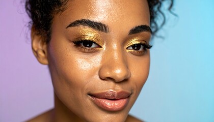 Fototapeta premium Close-up portrait of a woman with golden eye makeup