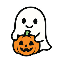A cartoon icon of a ghost holding a jack-o'-lantern, a classic symbol of Halloween.