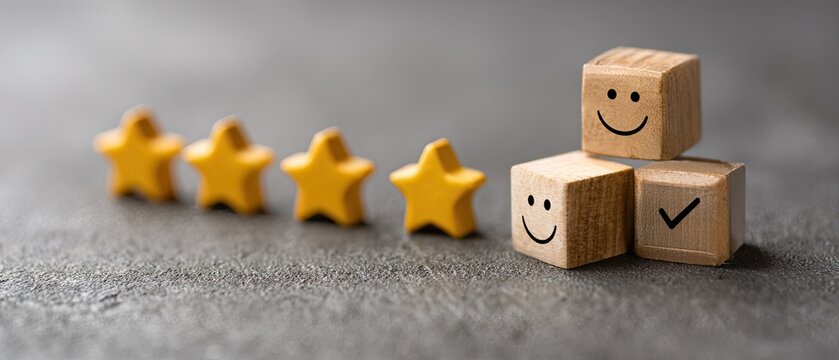 Four stars and happy faces symbolize high customer satisfaction and positive feedback