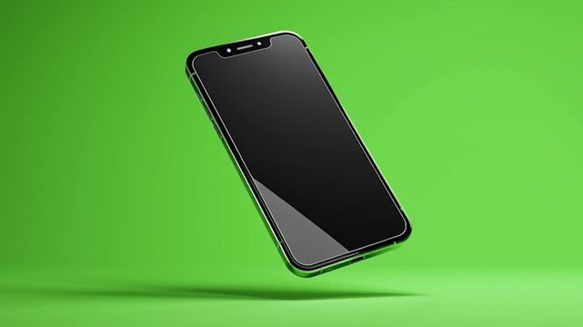Modern Smartphone with Blank Screen on a Green Background. Perfect for technology presentations, UIUX showcases, or product demonstrations.