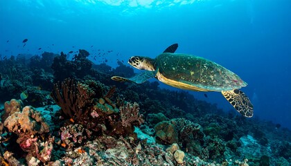 Fototapeta premium Sea turtle swimming over coral reef