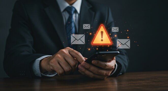 Businessman holding a smartphone with warning icon and spam alert, phishing email alert concept, highlighting online scams, data breaches, cybersecurity risks, and email fraud detection.