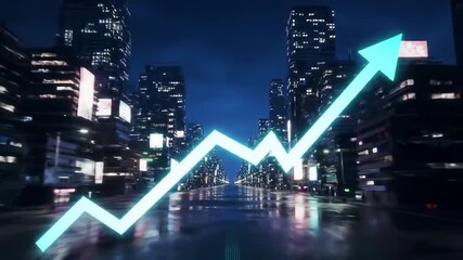 Urban cityscape at night with a glowing upward arrow representing growth or progress