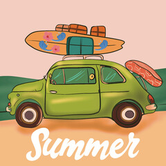 vintage  car filled with luggage, surfboards, and summer essentials sets out on a joyful journey. Designed with an artistic touch, this poster-style background captures the spirit of trave
