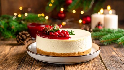 Festive Swedish ostkaka cheesecake with holiday decorations on a rustic wooden table