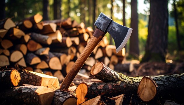 Axe resting on firewood in forest