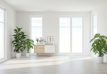 Fototapeta premium Bright, minimalist room with large windows, potted plants, and a modern cabinet. Sunlight streams across the clean, white floor.