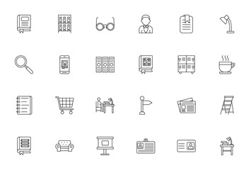 Library icon set. Vector illustration. Minimal linear icons pack. Includes symbols for book, library, eyeglasses, search, database, reading, newspaper, archive and more. Editable stroke.