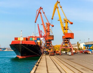 Obraz premium Maritime trade hub Container ship and industrial cranes at a busy port. Efficient global logistics and cargo operations under a bright sky.