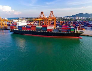 Aerial view of a large container cargo ship docked at a commercial seaport with cranes for international logistics and freight.