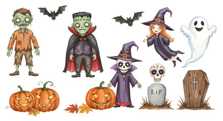 halloween characters set, watercolor illustration, zombie, vampire, draculla, pumpkins, witch, ghost, skull, spooky