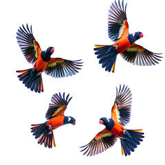 Fototapeta premium and keyword list based on the image.. Tropical birds in flight, wings spread, vibrant colors against a dark background.