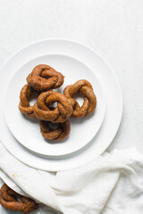 Overhead view of alkaki northern nigerian snack, Hausa doughnut made with wheat and sugar paste or honey