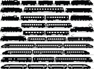 Collection of diverse train silhouettes showcasing various engine types and passenger cars in a clean vector art style