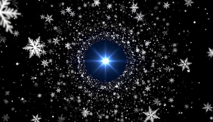 A mesmerizing display of snowflakes swirling around a bright central light source against a dark backdrop.