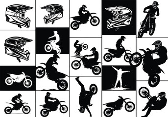 Fototapeta premium Dynamic collage of motocross riders and helmets showcasing extreme sports and action in black and white silhouettes