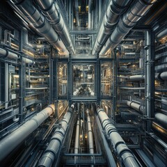 Industrial complex with towering pipes and intricate metal structures