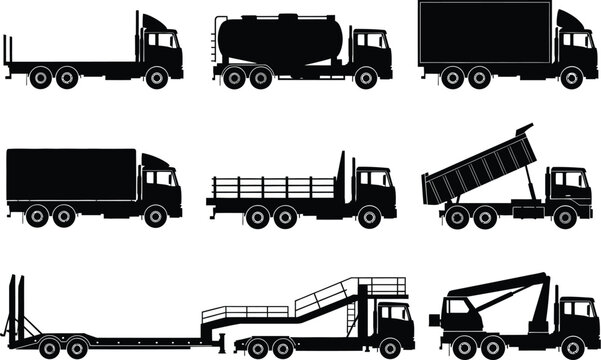 Collection of diverse truck silhouettes including semi trucks box trucks tanker trucks dump trucks and flatbed trucks