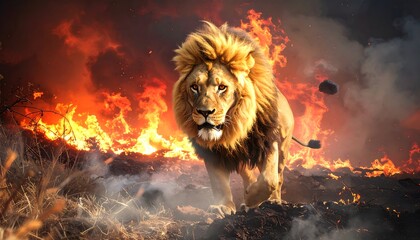 A majestic lion confronts a raging wildfire, its golden mane contrasting sharply with the fiery inferno.