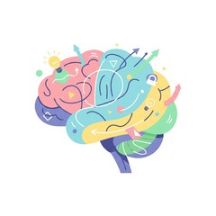 Fototapeta premium A colorful illustration of a brain featuring various shapes and arrows, symbolizing creativity and thought processes.