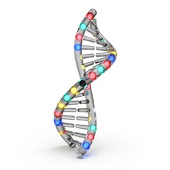 A colorful, stylized representation of a DNA double helix, featuring bright spheres that symbolize nucleotides in a vibrant and modern design.