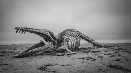 Fototapeta premium Skeletal remains of a sea creature sit exposed on a sandy beach under a cloudy sky