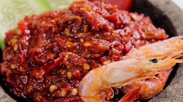 Homemade Sambal Terasi, Traditional Spicy Indonesian Chili Paste with Shrimp Paste and Fresh Red Chili