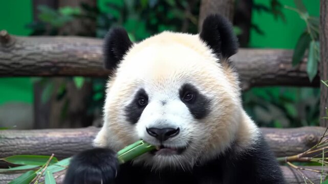 Close-up of a panda bear happily munching on bamboo.
