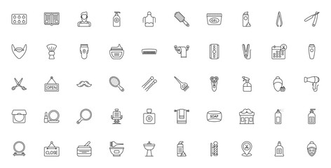 Hair Salon icon set. Barber shop vector illustrations. Includes hair color sample, razor, scissors, trimmer, hair dryer, brush, comb, shampoo, mirror, towel and more. Editable stroke.