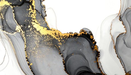Abstract artwork featuring flowing, irregular shapes of dark gray, black, and white ink, accented with gold flecks, creating a sophisticated and elegant design.