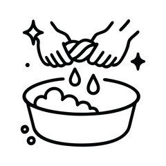 Hand squeezing wet laundry in basin with soap bubbles and drops, black doodle vector line icon for clothing wash, hygiene and household cleaning design on transparent background
