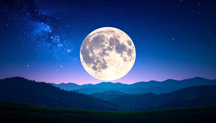A luminous full moon ascends over a tranquil mountain range under a starlit night sky.