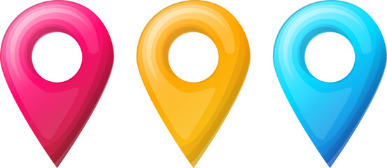 A vibrant set of three glossy 3D-style map location markers in pink, yellow, and blue. These navigation pins are commonly used in maps, GPS applications, and UI UX designs to indicate locations or