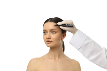 A beauty expert draws brow outlines on a client, isolated on white, PNG