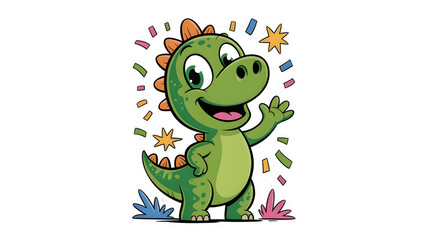 Friendly dinosaur illustration with colorful confetti.