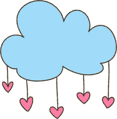 Cute Blue Cloud with Falling Heart Rain, Isolated Background. Lovely Romantic Decorative Design