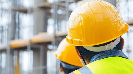Fototapeta premium Large industrial construction site with safety netting, helmets, steel scaffolding, reflective vest equipment
