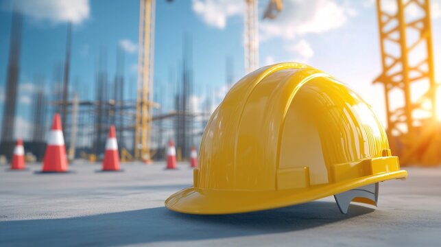 Construction site with protective fences, safety cones, scaffolding, yellow helmets, eco safety compliance concept