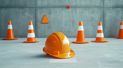 Protective construction site setup with scaffolding, helmets, safety cones, reflective jackets, hazard prevention focus
