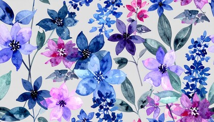 A captivating watercolor floral pattern showcases a vibrant array of purples, pinks, and blues, complemented by delicate gray tones.