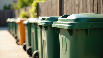 Row of green trash cans with one orange bin, lined up representing recycling and waste management