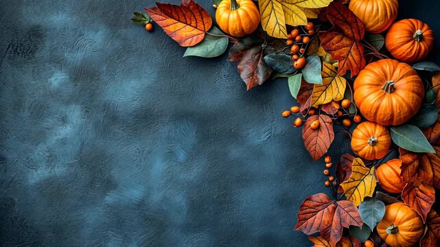 Autumn-themed still life with pumpkins, leaves, and berries on a dark blue background.