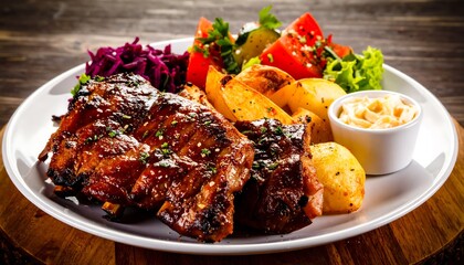 A delectable plate of grilled ribs, roasted potatoes, and a vibrant medley of vegetables, showcasing a satisfying and flavorful meal.
