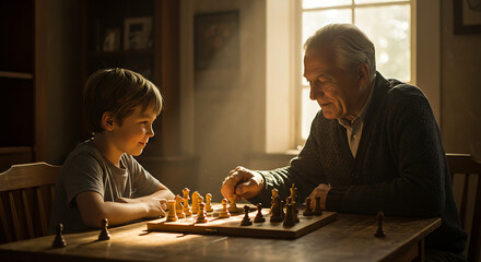 An elderly man teaching his grandson how to play chess at a wooden table, warm afternoon light filling the room